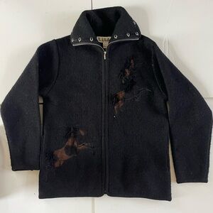 Lisa International 100% Boiled Wool Zipper Sweater Jacket Horse Patches